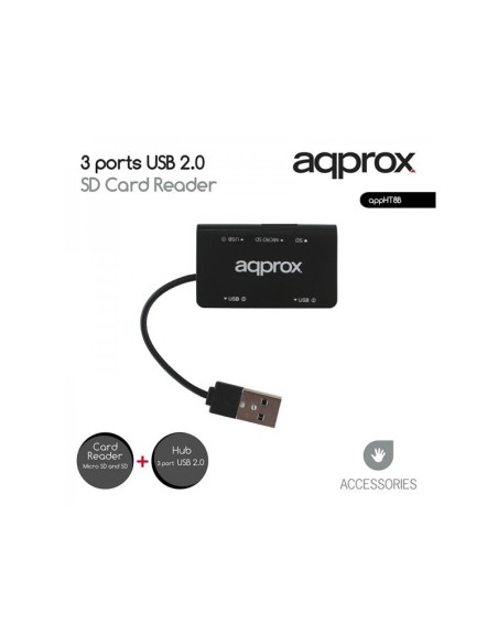 HUB USB 2.0 APPROX 3 PUERTOS NEGRO + LECTOR TARJET